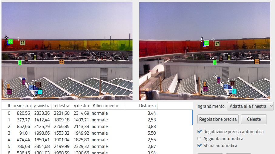 Punti di controllo trovati automaticamente visualizzati in Hugin