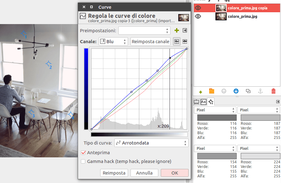 Regolazione dei punti di grigio con le curve