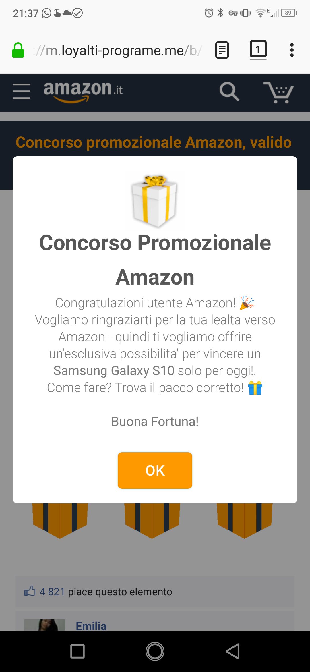 Screenshot che rappresenta un presunto "Concorso Promozionale Amazon"