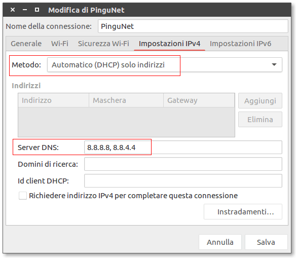 Screenshot di NetworkManager con impostazione manuale dei server DNS