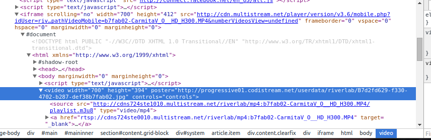 Screenshot codice HTML della pagina con URL di un video