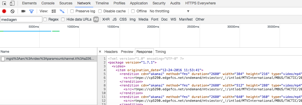 Screenshot strumenti di sviluppo del browser con visibili URL dei flussi RTMP