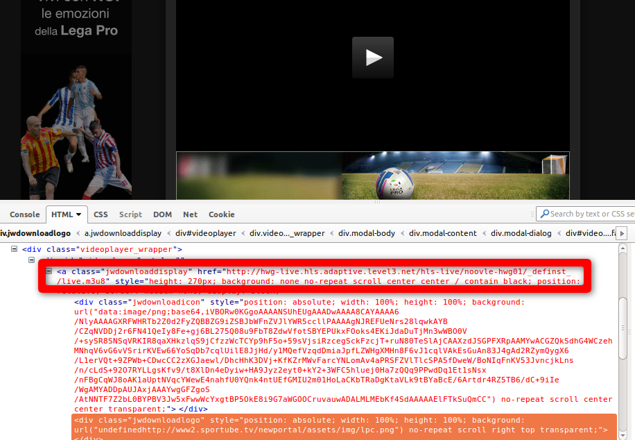 Screenshot codice HTML con link a un flusso M3U8