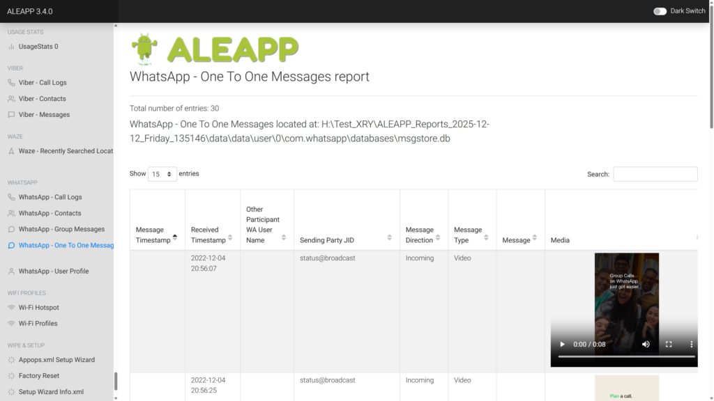 Schermata che mostra una sezione di report generata con ALEAPP. Nello specifico si vede una pagina con alcuni messaggi di WhatsApp.