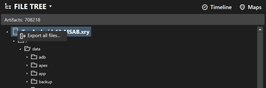 Schermata che mostra l'albero delle directory contenute nel dispositivo. Sul nodo radice è stato attivato il menù contestuale, che mostra la voce "Export all files".
