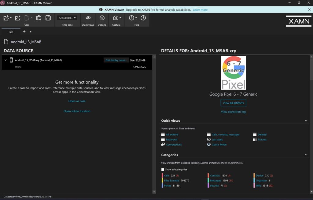 Schermata che mostra la copia forense aperta con XAMN Viewer, si notano alcune informazioni di base come il numero di chiamate, messaggi e contatti