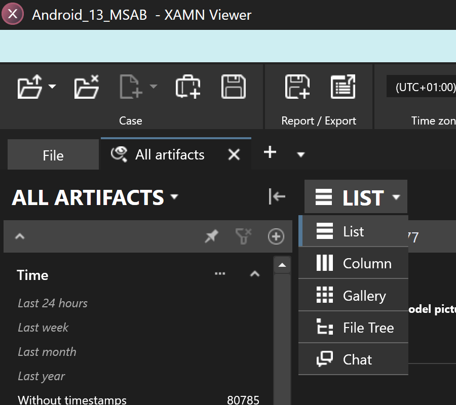 Schermata che mostra le diverse modalità per visualizzare i dati con XAMN Viewer: List, Column, Gallery, File Tree e Chat.